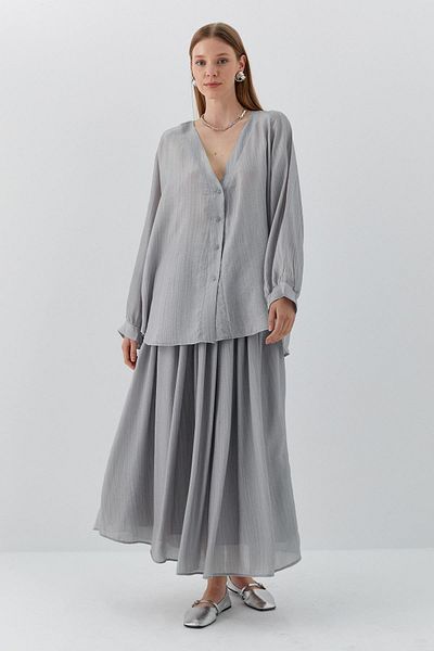 MARKALİSTE Πουκάμισο Oversize με λαιμόκοψη σε γκρι
