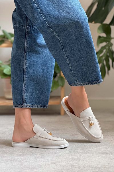 NİŞANTAŞI SHOES Cele mai multe papuci de damă din piele naturală din piele intoarsa bej cu talpa plată
