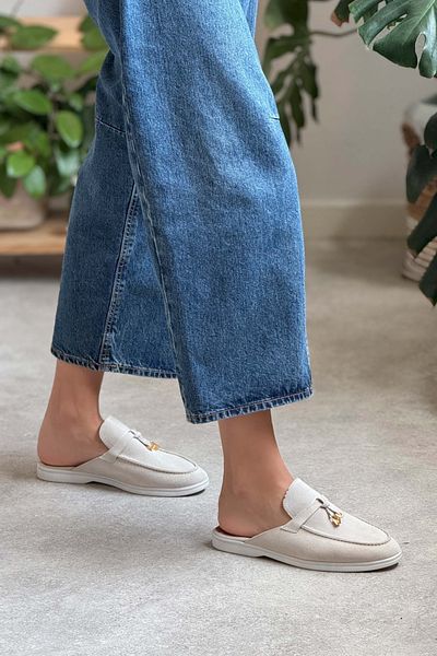 NİŞANTAŞI SHOES Cele mai multe papuci de damă din piele naturală din piele intoarsa bej cu talpa plată