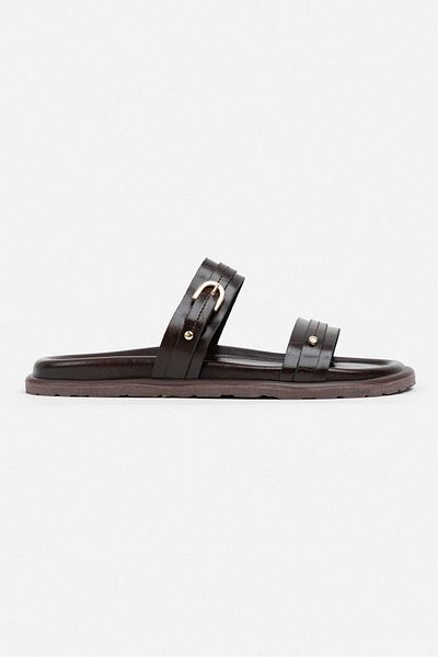 NİŞANTAŞI SHOES Papuci de damă Zizi Brown Matte Cataramă Detaliată Bandă dublă cu talpă plată