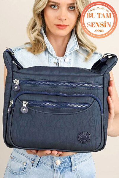 Bu Tam Sensin Lacivert Kadın Su Geçirmez Krinkıl Kumaşlı Fermuarlı 5 Bölmeli Orta Boy Postacı Omuz Çantası