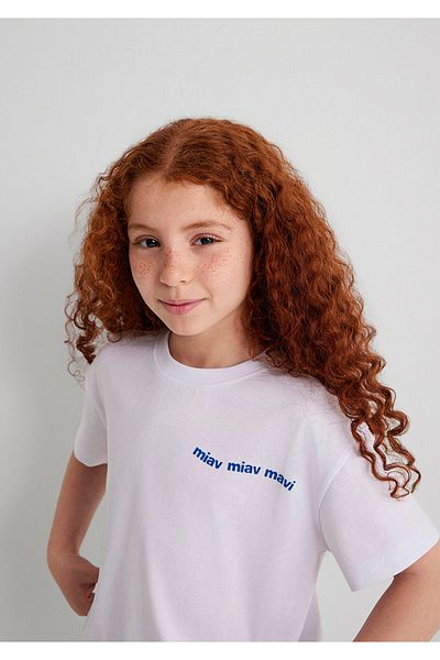 Mavi Tricou pentru copii cu imprimeu alb cu crop Miaw, cu croiala normala 7610180-620