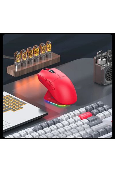 Choice ماوس ألعاب X11 أحمر بتقنية البلوتوث، اتصال ثلاثي الأوضاع، قاعدة شحن مغناطيسية تعمل باللمس