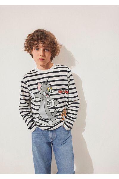 Mavi Tricou cu dungi cu imprimeu Tom și Jerry, cu croiala normală 6610324 -85308