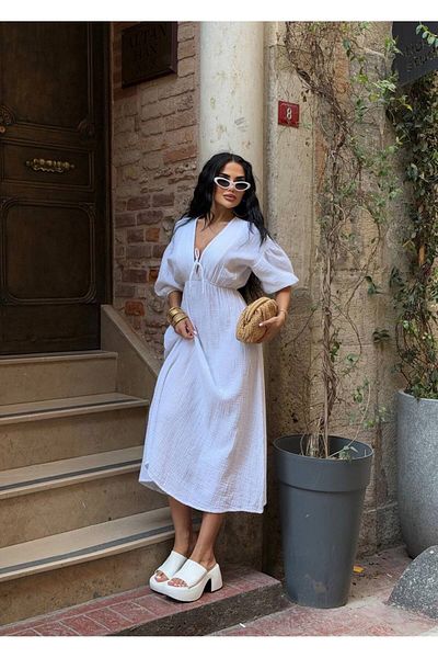 Stil Sepeti Women's White V-Neck Muslin Fabric Elastic Waist Balloon Sleeve Midi Dress Ru-10003008