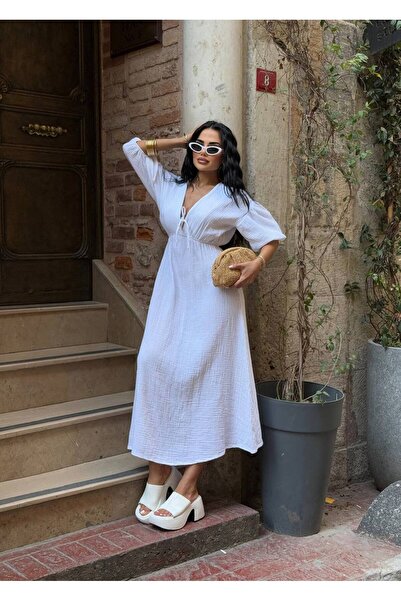 Stil Sepeti Women's White V-Neck Muslin Fabric Elastic Waist Balloon Sleeve Midi Dress Ru-10003008