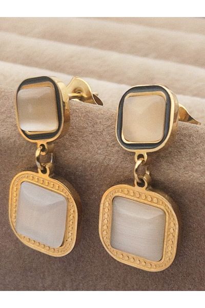 Siya Silver Pearlescent Double Stone Tarnish Stainless Steel Earrings