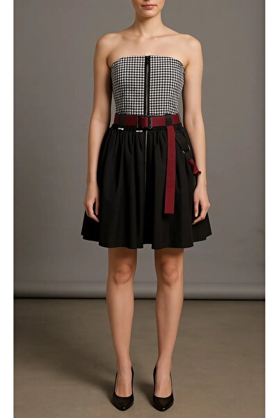 MERT ERKAN Bella-ekose Garnili & Utility Detaylı Mini Straplez Ipek Tafta Elb...