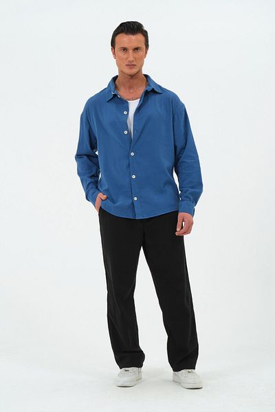 RELAXL Ανδρικό πουκάμισο Saks Blue 100% βαμβακερό ύφασμα Sile Retro Oversize