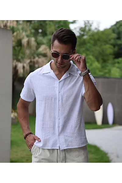 ELZE Fashion Men's Short Sleeve Breathable Knitted Texture Summer Apaş Collar White Shirt