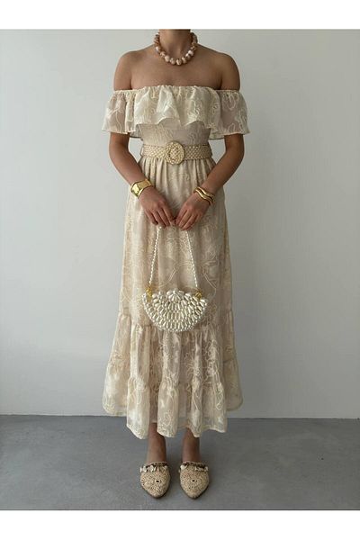 Store Women's Belted Embroidery Embroidered Madonna Collar Midi Dress