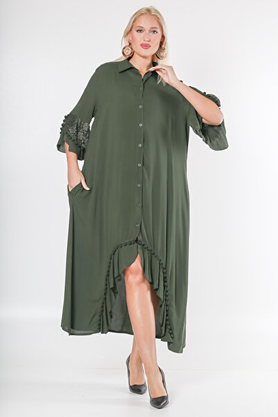 Chiccy Khaki Shirt Collar 3/4 Cuff Buttons Wide Cut Woven Dress with Ruffles on Sleeves and Hem