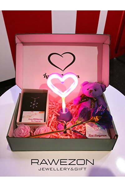 RAWEZON Special Hediye Mor Set- Mor Kalpli Mini Lamba - Mor Ayıcık Anahtarlık...