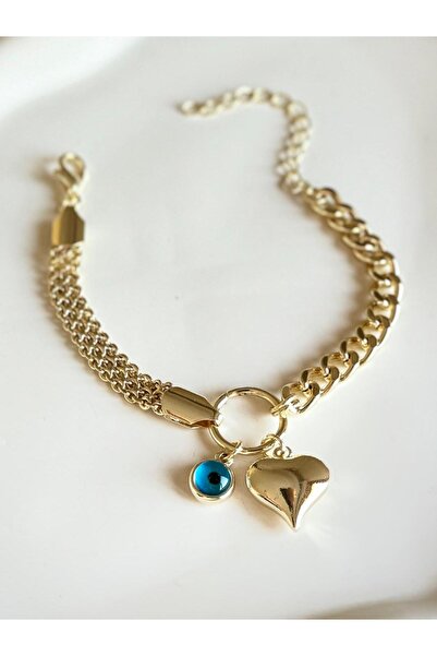 DEMOKAN Kadın Bileklik 14k Altın Rengi Hasır Zincir Kalp Boncuk Bileklik