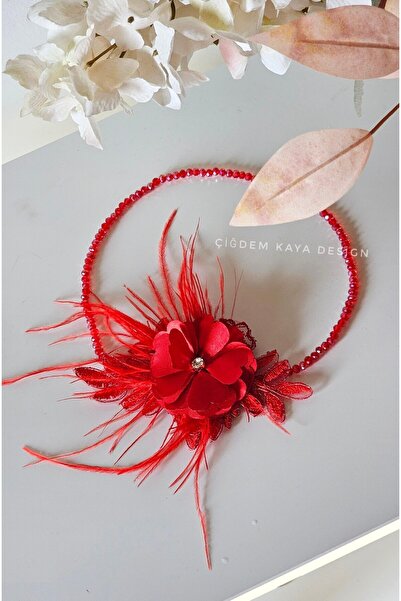 çiğdem kaya design Red Feather Bridal Henna Hair Accessory, Henna Crown, Oute...