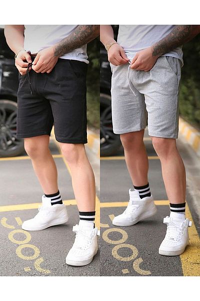 Jooy Company Men's Combed Cotton Shorts Black And Gray Double Set