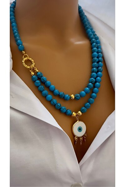 Nevaa Still Sıkma Havlit Doğaltaşı Altın Kaplama Göz Boncuk Çoklu Kolye