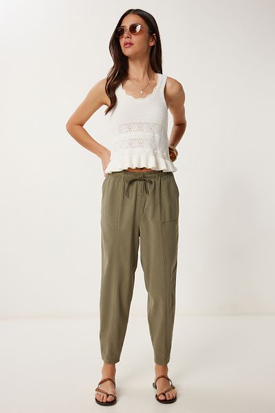 Lovelyİstanbul Striped Comfortable Linen Shalwar Trousers Khaki Lmx0080