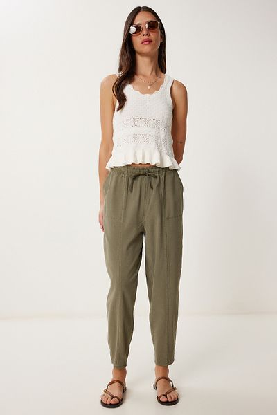 Lovelyİstanbul Striped Comfortable Linen Shalwar Trousers Khaki Lmx0080