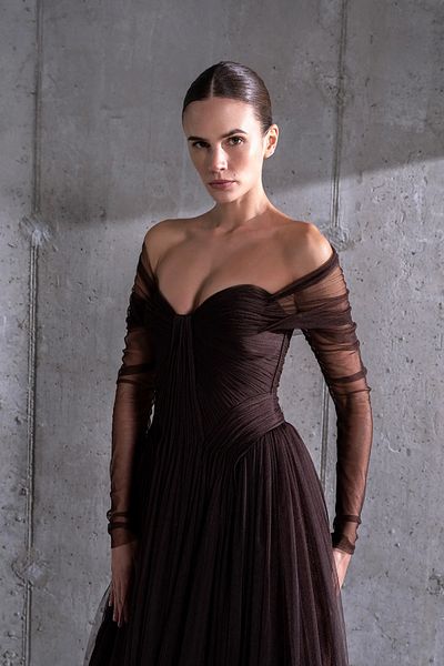cercis Transparent Tulle Sleeves Strapless Long Evening Dresses