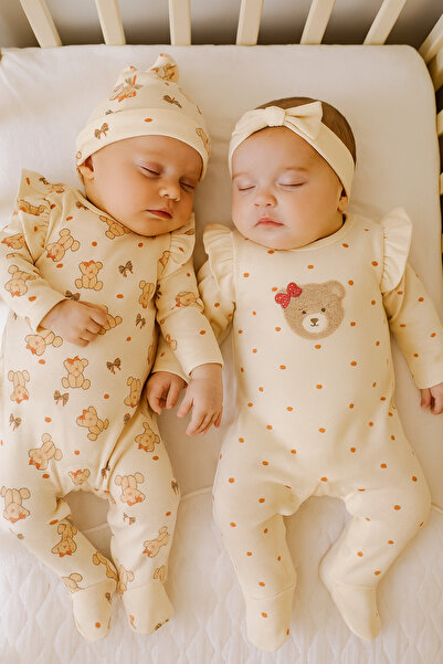 Cherub Baby Kalpli Ayıcık Baskılı Bebek İkili Tulum Set