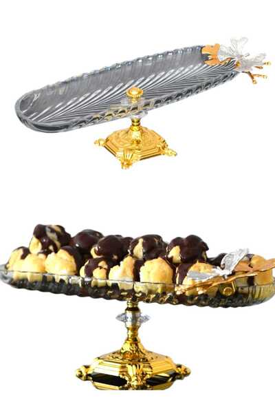 P H Panayır Home Set of 2 Glass Boat Plates 40 *14 Breakfast Presentation Plate Serving Plate Footed Metal Butterfly