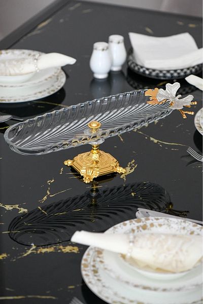 P H Panayır Home 3-Piece Glass Boat Plate Set - 40X14 Candy Brown & Tan - Serving Plate - Metal Butterfly