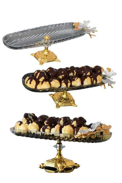 P H Panayır Home 3-Piece Glass Boat Plate Set - 40X14 Candy Brown & Tan - Serving Plate - Metal Butterfly