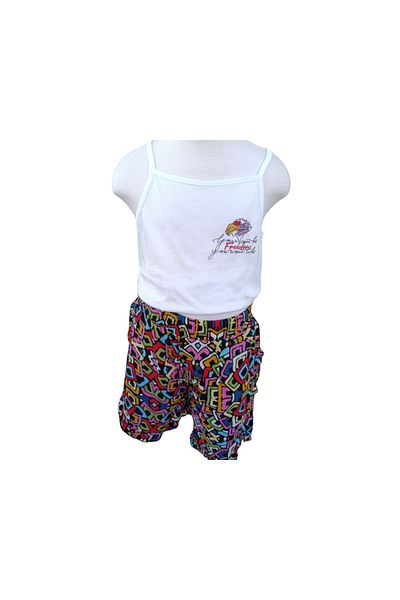 Çikoby Girl's Double Set Printed White Undershirt - Patterned Shorts