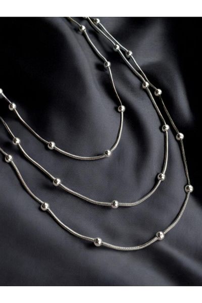 Luna Barella 3 Layer Silver Color Ball Detailed Women's Necklace – Minimal and Elegant Design
