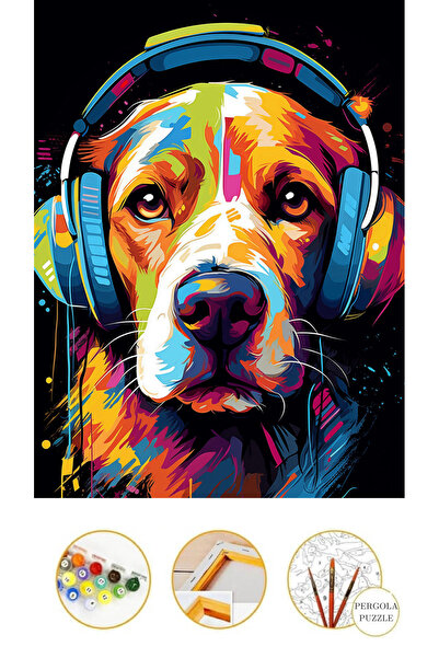 Puzzle Sayılarla Boyama Müzik Dinleyen Köpek POPART 35X50 CM Kanvasa Gerilmiş BOYA+ FIRÇA HEDİYE