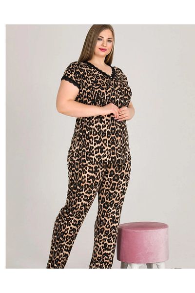 Lady Set de pijamale cu mânecă scurtă, cu imprimeu leopard, cu nasturi, 12482