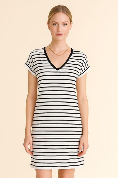 trendalisse Women's Black Striped V Neck Wide Fit Casual Summer Dress