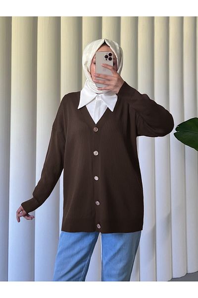 Modamorfo Buttoned Ribbed Knitwear Cardigan -K. Coffee