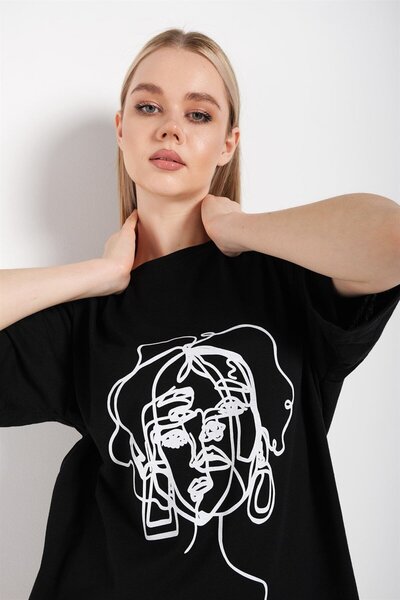 İpli Tricou oversize imprimat Culoare alb-negru