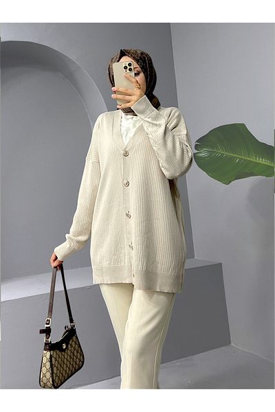 Modamorfo Buttoned Ribbed Knitwear Cardigan -Cream