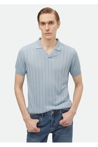 Ramsey Tricotaj jacquard cu gât polo albastru amestecat de in