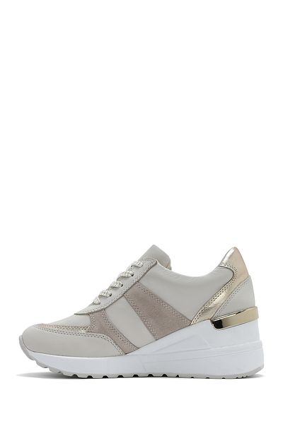Derimod Women's Beige Wedge Heeled Side Zipper Leather Sneaker 25Sfd 370314