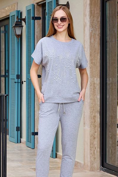 Mavelle Women's Black Stone Printed Short Sleeve Tracksuit Set 25716