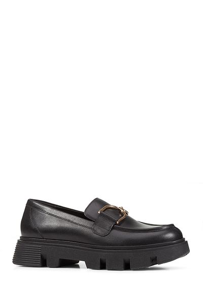 Geox Women's Black Vilde Buckle Detailed Genuine Leather Masculine Casual Loafer Shoes D46Uah00043C9999