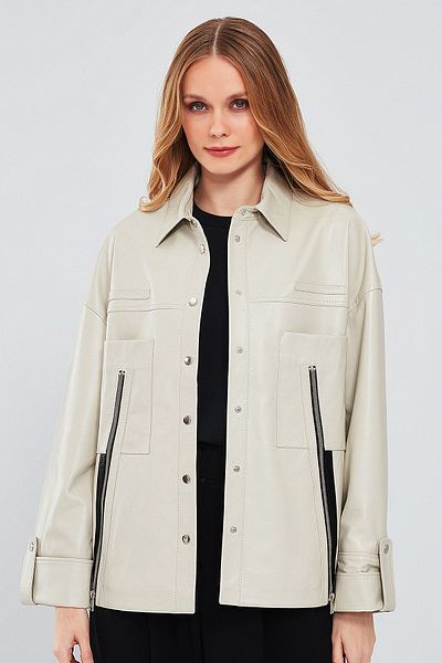 Derimod Beige Oversize Leather Women's Jacket - Farrah 24sge5190r3