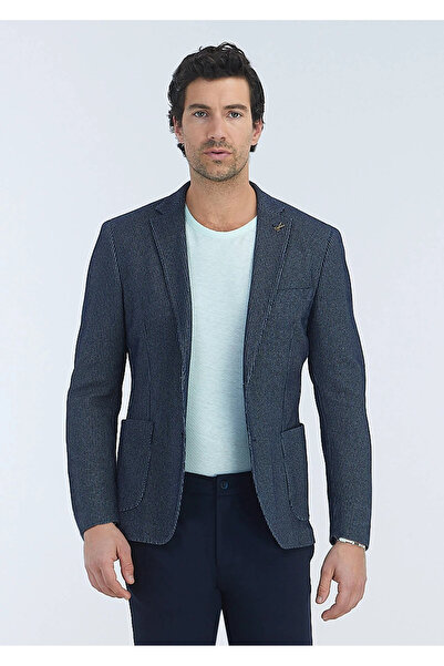 Ramsey Lacivert Desenli Shirt Shoulder Slim Fit Pamuk Karışımlı Örme Ceket