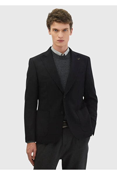 Ramsey Black Patterned Zeroweight Slim Fit Wool Blend Jacket