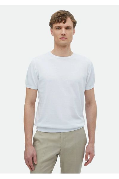 Ramsey Λευκό πλεκτό με λαιμόκοψη Crew Plain Knit 100% βαμβακερό πλεκτό