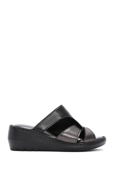 Derimod Women's Black Wedge Heeled Leather Comfort Slippers 25Sfd 320218
