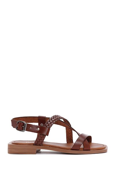Derimod Women's Brown Knitted Detailed Genuine Leather Bodrum Sandals 25Sfd331718