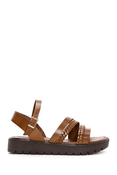 Derimod Women's Tan Thick Soled Knitted Detailed Genuine Leather Bodrum Sandals 25Sfd330918