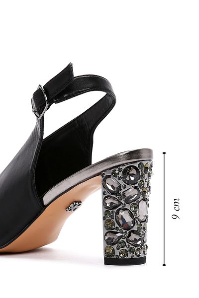 Derimod Women's Black Back Strap Stone Thick Heeled Sandals 25Sfe 462418