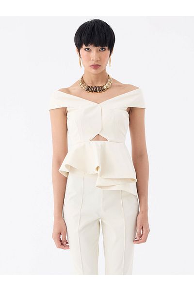 RİVUS Asymmetrical Flounce Detailed Shoulderless Bustier Blouse - Ecru