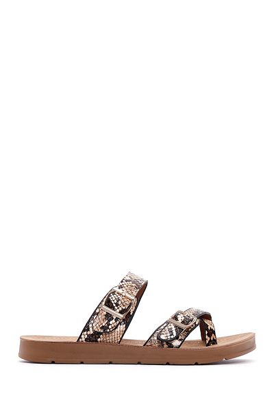 Derimod Women's Brown Double Buckle Patterned Slippers 25Sfe 460140